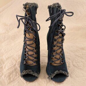 Chase & Chloe Blue Denim High Heel Opened Toe Lace Up Bootie Size 7.5m (US)